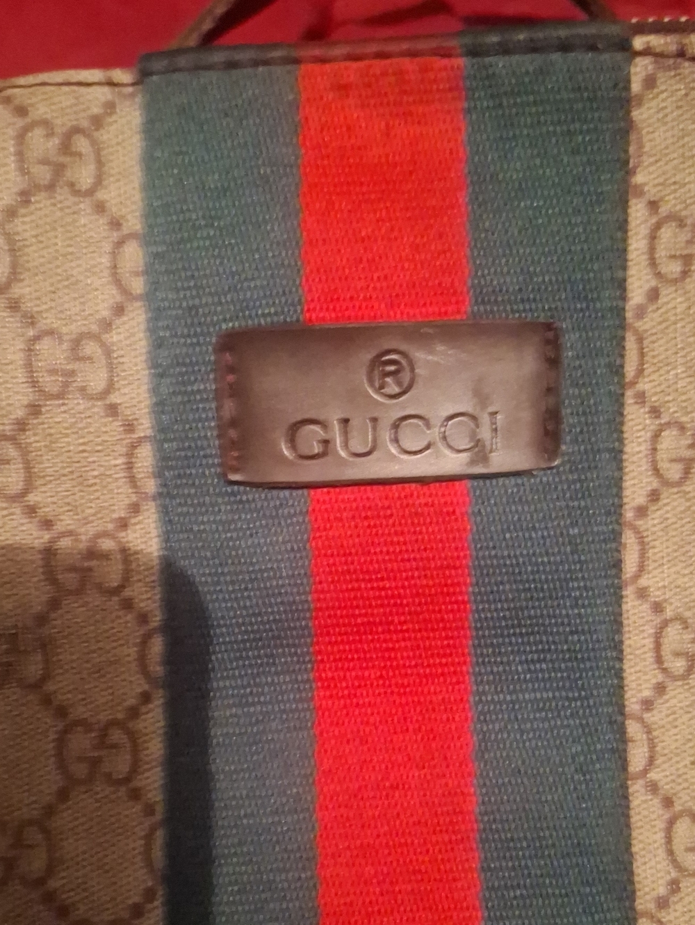 Gucci Beige GG Canvas Tote with Green and Red Web Stripe